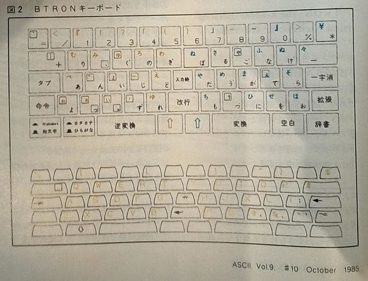 親指シフトの影響も強く見られる1985年のTRONキーボードの設計案 (月刊ASCII Vol 9, 1985より)